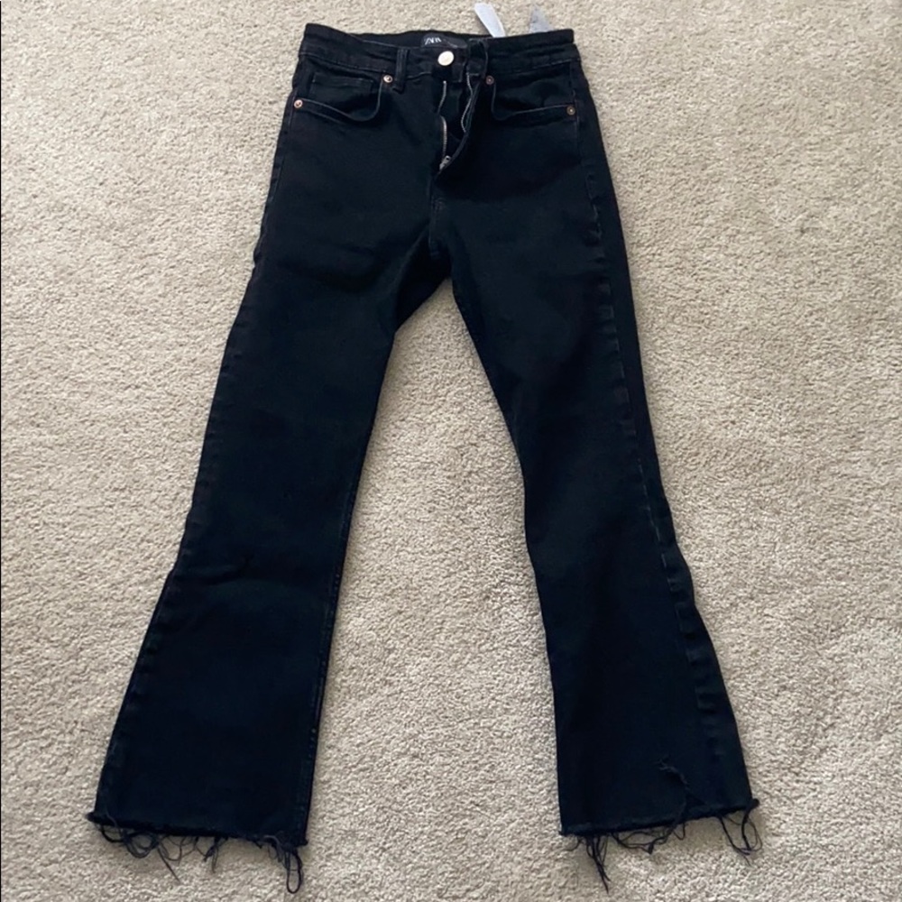 ZARA BLACK DISTRESSED KICK FLARE JEANS